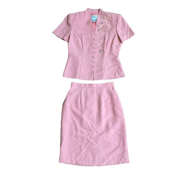 Karin Stevens Womens Pink Embroidered Floral Top & Pencil Skirt Set Size 6 - Picture 1 of 5